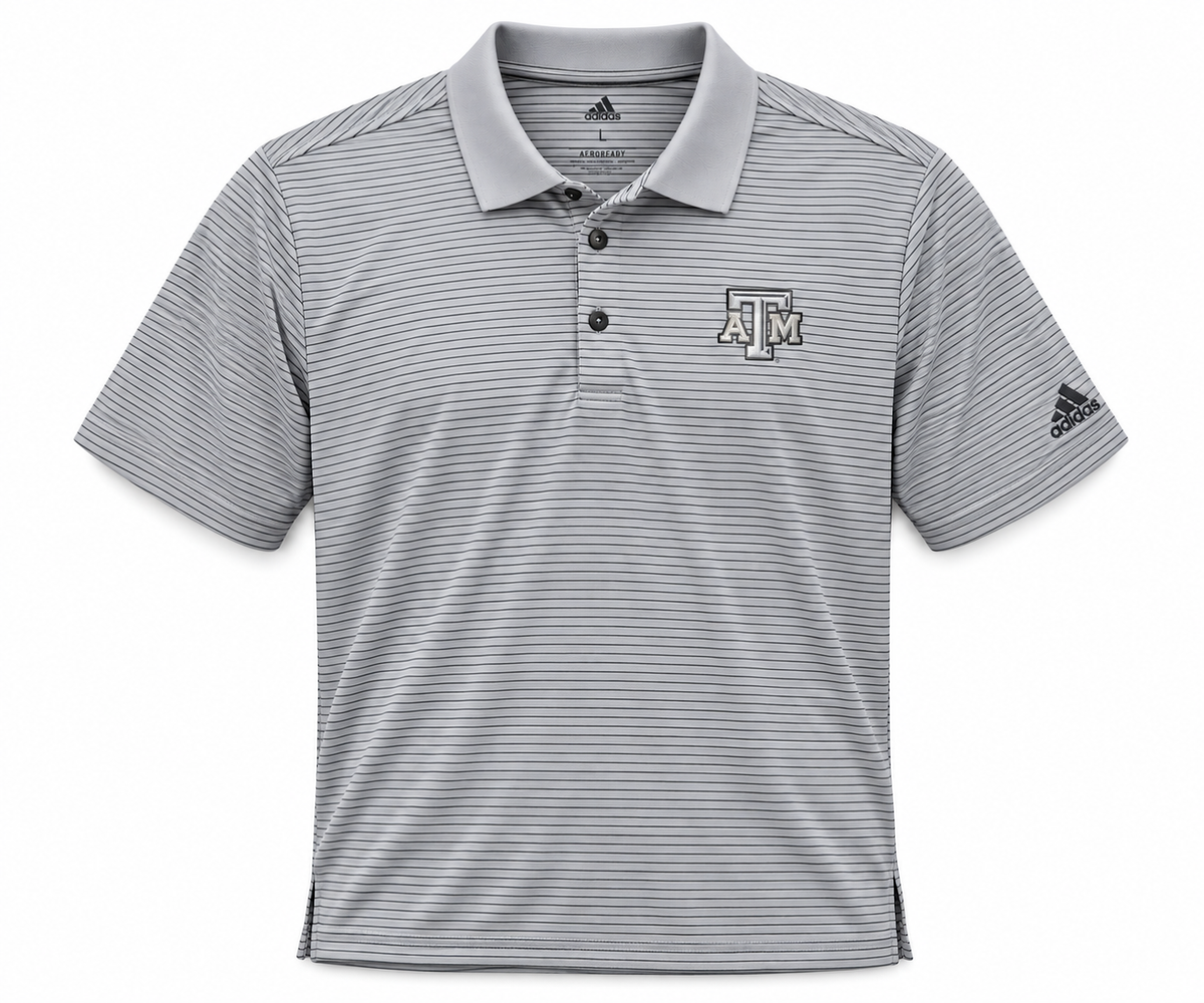Aggie Football Issued Grey Stripped Adidas Polo (New Arrival)