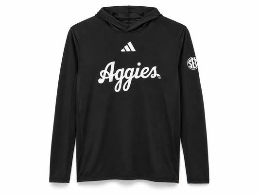 Aggie Football Exclusive Black Aggie Script Adidas Lightweight Hoodie (SEC Patch) (New Arrival)