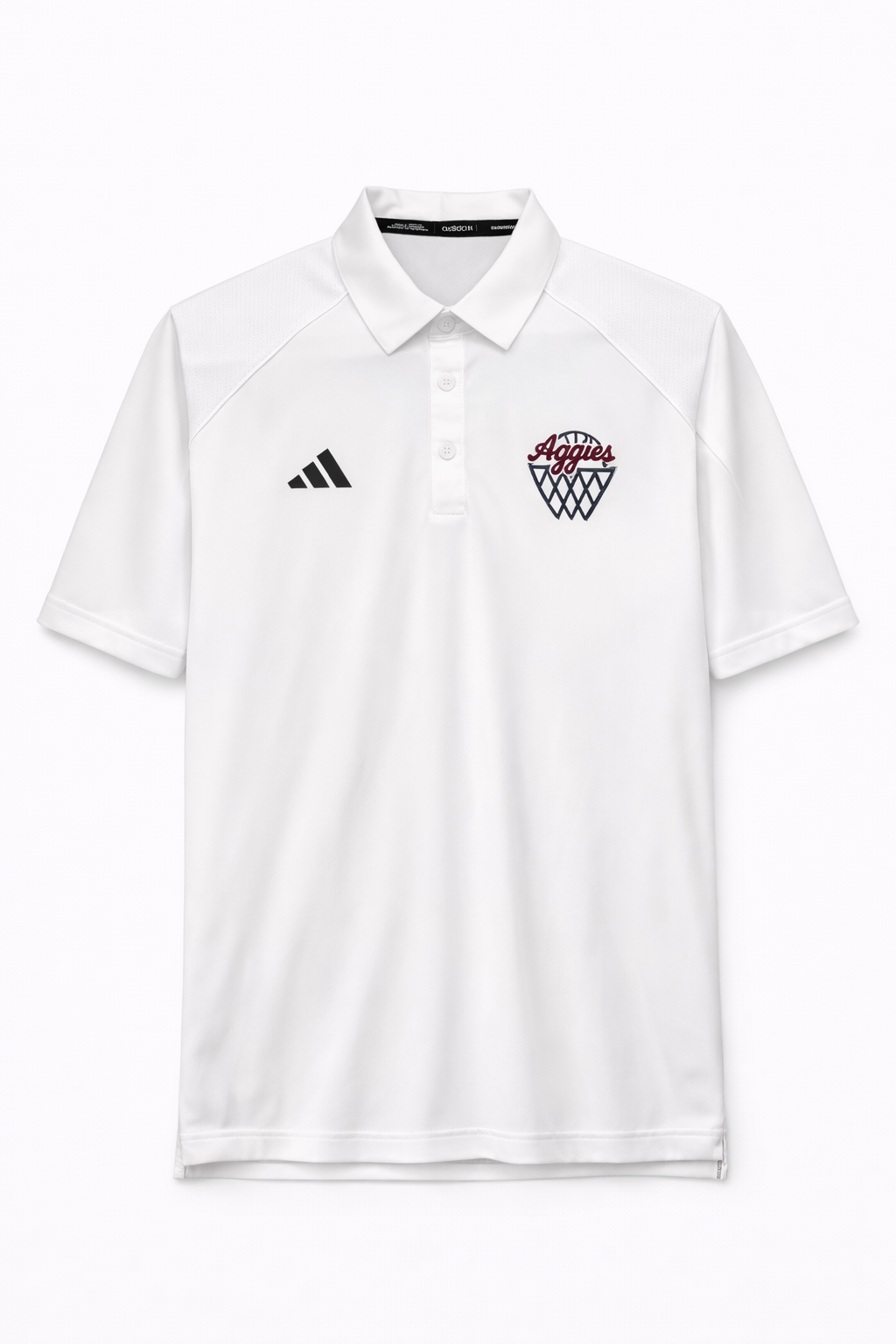 Aggie Basketball Exclusive Coaches White Aggie Script Adidas Polo
