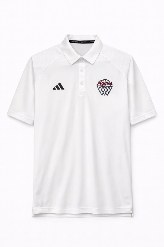 Aggie Basketball Exclusive Coaches White Aggie Script Adidas Polo
