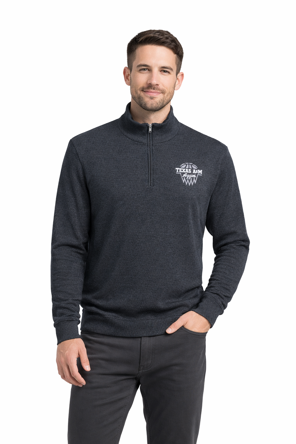 Aggie Basketball Dark Grey Peter Millar Aggie Script Quarter Zip Sweater