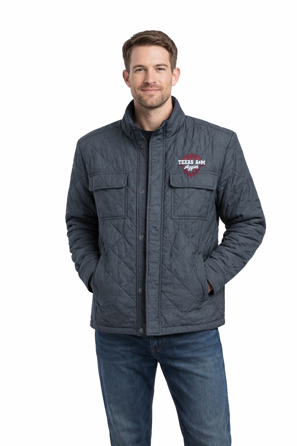 Aggie Basketball Coaches Exclusive Grey Peter Millar Aggie Script Zip Up Puffer