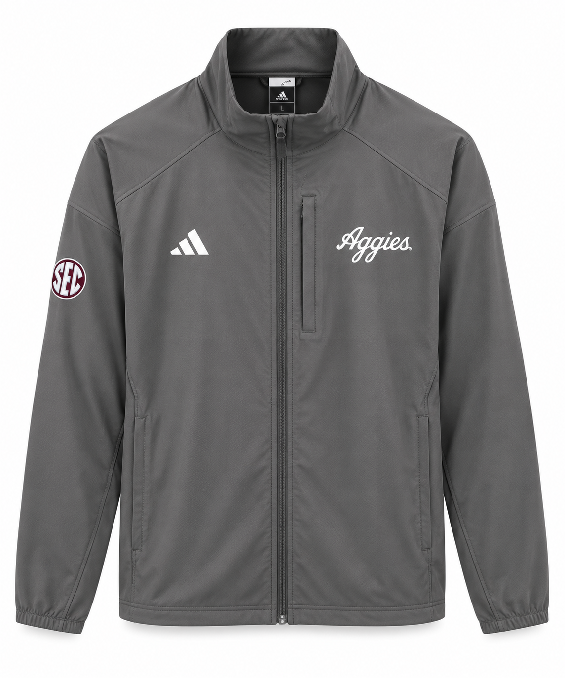 Aggie Football Exclusive Adidas Grey Aggie Script Team Travel Jacket (SEC Patch) (New Arrival)