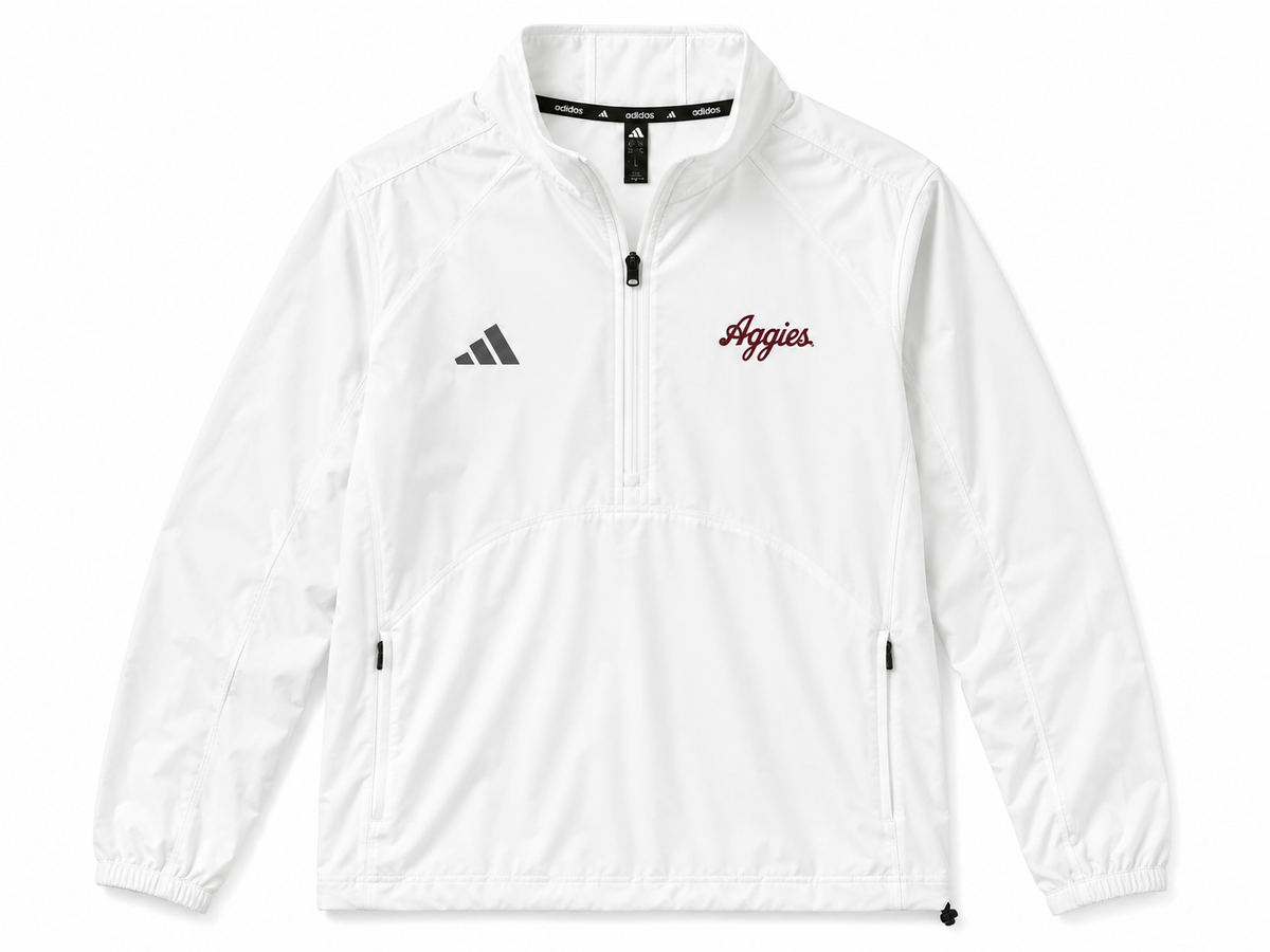 Aggie Football Exclusive White Adidas Windbreaker With Maroon Aggie Script (New Arrival)