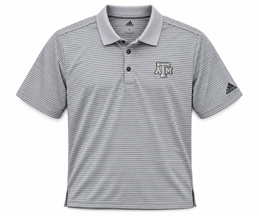 Aggie Football Issued Grey Stripped Adidas Polo (New Arrival)