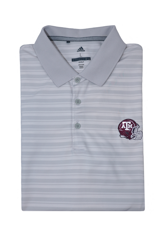 Aggie Football Coaches Exclusive Grey/White Stripped Adidas Polo