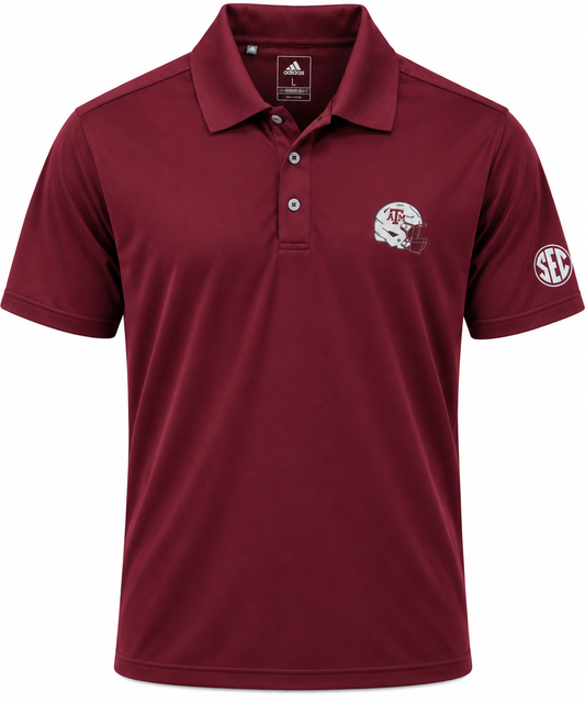 Aggie Football Coaches Exclusive Maroon Adidas A&M Football Helmet Logo Polo (SEC Patch) (New Arrival)